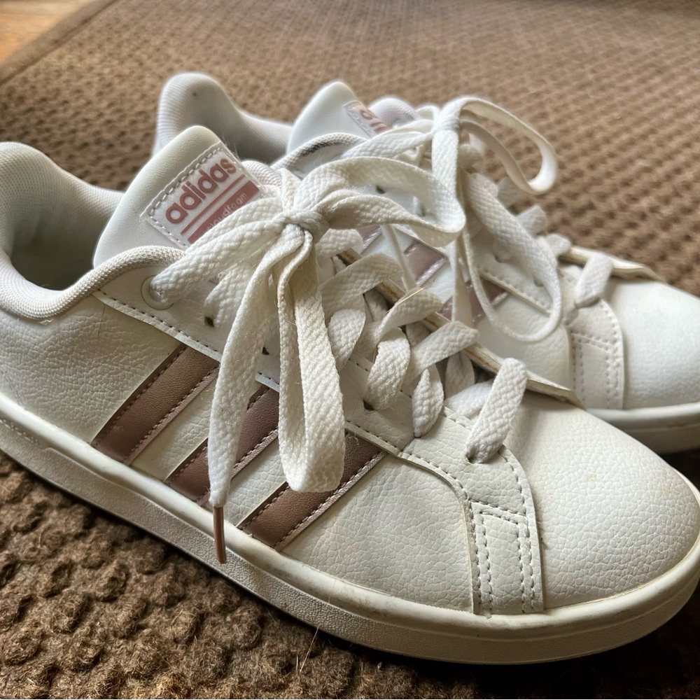 Adidas White Sneakers with Pink Stripes